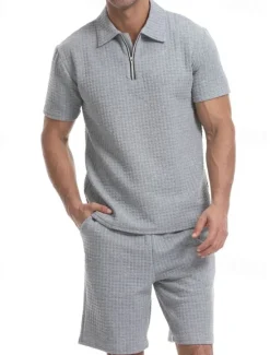 Online OUKU Men's Waffle Tracksuit Polo Shirt & Shorts Set Outfit Set Polo Collar Quarter Zip Outdoor Daily Sports Pocket Drawstring 2 Piece Plain Black White Khaki Polyester Activewear Classic Casual Summer