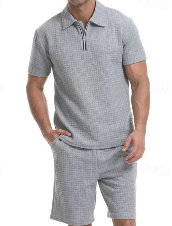 Online OUKU Men's Waffle Tracksuit Polo Shirt & Shorts Set Outfit Set Polo Collar Quarter Zip Outdoor Daily Sports Pocket Drawstring 2 Piece Plain Black White Khaki Polyester Activewear Classic Casual Summer
