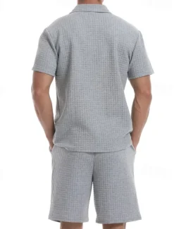 Online OUKU Men's Waffle Tracksuit Polo Shirt & Shorts Set Outfit Set Polo Collar Quarter Zip Outdoor Daily Sports Pocket Drawstring 2 Piece Plain Black White Khaki Polyester Activewear Classic Casual Summer