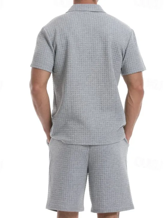 Online OUKU Men's Waffle Tracksuit Polo Shirt & Shorts Set Outfit Set Polo Collar Quarter Zip Outdoor Daily Sports Pocket Drawstring 2 Piece Plain Black White Khaki Polyester Activewear Classic Casual Summer