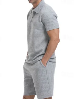 Online OUKU Men's Waffle Tracksuit Polo Shirt & Shorts Set Outfit Set Polo Collar Quarter Zip Outdoor Daily Sports Pocket Drawstring 2 Piece Plain Black White Khaki Polyester Activewear Classic Casual Summer