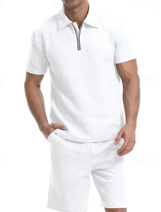 Online OUKU Men's Waffle Tracksuit Polo Shirt & Shorts Set Outfit Set Polo Collar Quarter Zip Outdoor Daily Sports Pocket Drawstring 2 Piece Plain Black White Khaki Polyester Activewear Classic Casual Summer