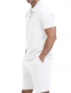 Online OUKU Men's Waffle Tracksuit Polo Shirt & Shorts Set Outfit Set Polo Collar Quarter Zip Outdoor Daily Sports Pocket Drawstring 2 Piece Plain Black White Khaki Polyester Activewear Classic Casual Summer