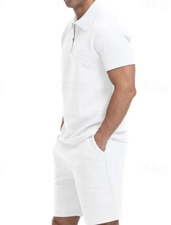 Online OUKU Men's Waffle Tracksuit Polo Shirt & Shorts Set Outfit Set Polo Collar Quarter Zip Outdoor Daily Sports Pocket Drawstring 2 Piece Plain Black White Khaki Polyester Activewear Classic Casual Summer