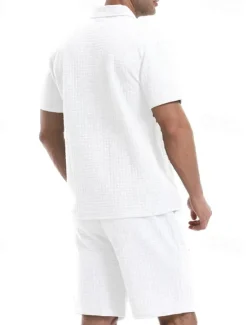 Online OUKU Men's Waffle Tracksuit Polo Shirt & Shorts Set Outfit Set Polo Collar Quarter Zip Outdoor Daily Sports Pocket Drawstring 2 Piece Plain Black White Khaki Polyester Activewear Classic Casual Summer