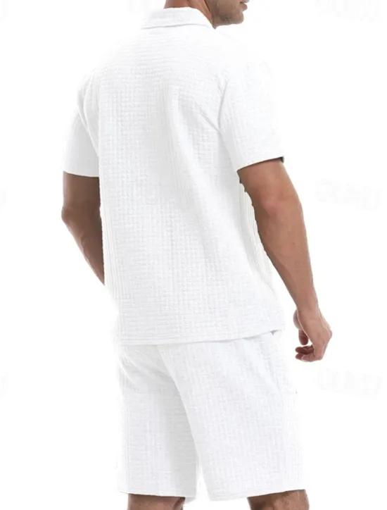 Online OUKU Men's Waffle Tracksuit Polo Shirt & Shorts Set Outfit Set Polo Collar Quarter Zip Outdoor Daily Sports Pocket Drawstring 2 Piece Plain Black White Khaki Polyester Activewear Classic Casual Summer