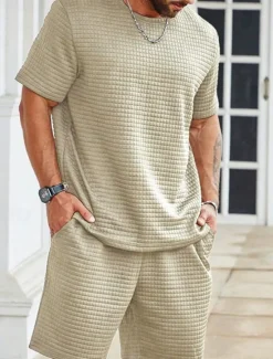 Online OUKU Men's Waffle Tracksuit T shirt & Shorts Set Outfit Set Crew Neck Outdoor Daily Sports Pocket Drawstring 2 Piece Plain Black White Khaki Polyester Activewear Classic Casual Summer