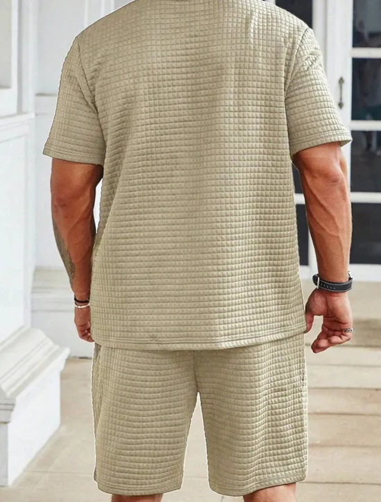 Online OUKU Men's Waffle Tracksuit T shirt & Shorts Set Outfit Set Crew Neck Outdoor Daily Sports Pocket Drawstring 2 Piece Plain Black White Khaki Polyester Activewear Classic Casual Summer