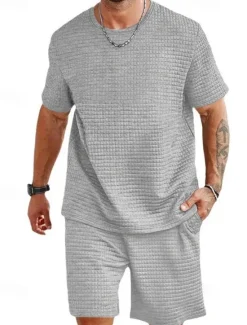 Online OUKU Men's Waffle Tracksuit T shirt & Shorts Set Outfit Set Crew Neck Outdoor Daily Sports Pocket Drawstring 2 Piece Plain Black White Khaki Polyester Activewear Classic Casual Summer