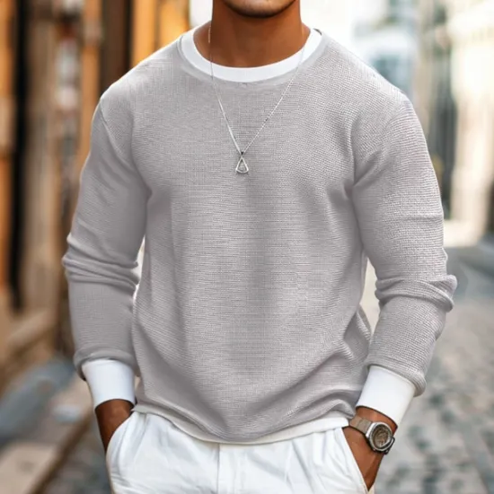 Online OUKU Men's Waffle T-shirt Pullover Sweatshirt Tee Top Long Sleeve Shirt Long Sleeve Crew Neck Spring & Fall Plain Fashion Designer Basic Fashion Fake two piece Vacation Street Going out Dark Brown Army