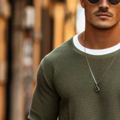 Online OUKU Men's Waffle T-shirt Pullover Sweatshirt Tee Top Long Sleeve Shirt Long Sleeve Crew Neck Spring & Fall Plain Fashion Designer Basic Fashion Fake two piece Vacation Street Going out Dark Brown Army