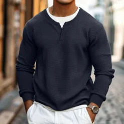Online OUKU Men's Waffle T-shirt Pullover Sweatshirt Tee Top Long Sleeve Shirt Long Sleeve Crew Neck V Neck Spring & Fall Plain Fashion Designer Basic Fashion Fake two piece Vacation Street Going out Black Gray