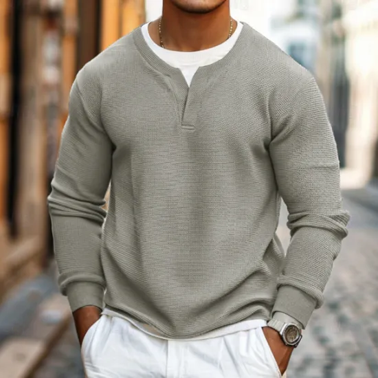 Online OUKU Men's Waffle T-shirt Pullover Sweatshirt Tee Top Long Sleeve Shirt Long Sleeve Crew Neck V Neck Spring & Fall Plain Fashion Designer Basic Fashion Fake two piece Vacation Street Going out Black Gray