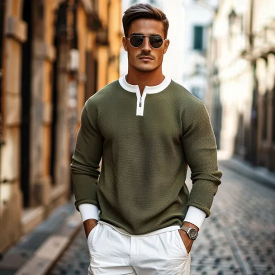 Hot OUKU Men's Waffle T-shirt Quarter Zip Tee Tee Top Long Sleeve Shirt Long Sleeve Crewneck Spring & Fall Color Block Fashion Designer Basic Zipper Fake two piece Vacation Street Going out Dark Brown Army