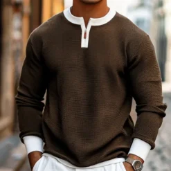 Hot OUKU Men's Waffle T-shirt Quarter Zip Tee Tee Top Long Sleeve Shirt Long Sleeve Crewneck Spring & Fall Color Block Fashion Designer Basic Zipper Fake two piece Vacation Street Going out Dark Brown Army