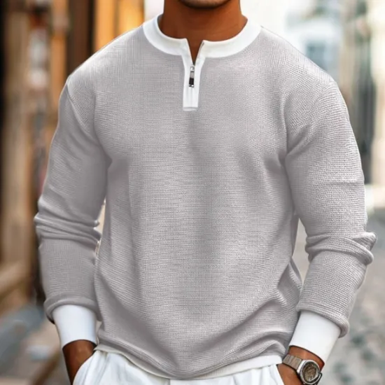 Hot OUKU Men's Waffle T-shirt Quarter Zip Tee Tee Top Long Sleeve Shirt Long Sleeve Crewneck Spring & Fall Color Block Fashion Designer Basic Zipper Fake two piece Vacation Street Going out Dark Brown Army