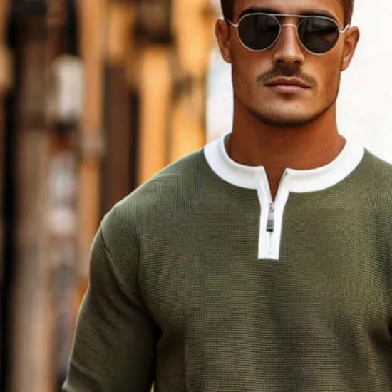 Hot OUKU Men's Waffle T-shirt Quarter Zip Tee Tee Top Long Sleeve Shirt Long Sleeve Crewneck Spring & Fall Color Block Fashion Designer Basic Zipper Fake two piece Vacation Street Going out Dark Brown Army