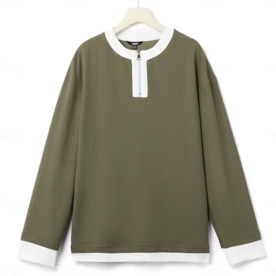 Hot OUKU Men's Waffle T-shirt Quarter Zip Tee Tee Top Long Sleeve Shirt Long Sleeve Crewneck Spring & Fall Color Block Fashion Designer Basic Zipper Fake two piece Vacation Street Going out Dark Brown Army