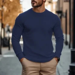 Clearance OUKU Men's Waffle T-shirt T Shirt Tee Top Long Sleeve Shirt Long Sleeve Crew Neck Spring & Fall Plain Fashion Designer Basic Vacation Street Going out Army Green White Navy Blue Top Tee for Men