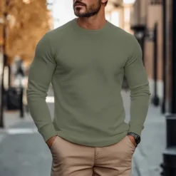 Clearance OUKU Men's Waffle T-shirt T Shirt Tee Top Long Sleeve Shirt Long Sleeve Crew Neck Spring & Fall Plain Fashion Designer Basic Vacation Street Going out Army Green White Navy Blue Top Tee for Men