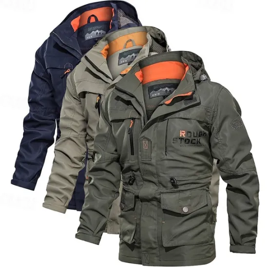New OUKU Men's Waterproof Rain Jacket Military Cargo Jacket Tactical Jacket Casual Hooded Cargo Sports Coat Windbreaker Outdoor Warm Windproof Winter Coat Jacket Top Hunting Fishing Army Green Softshell Jacket