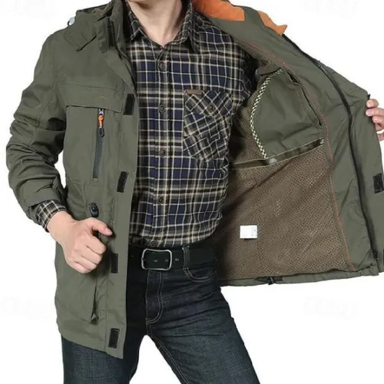 New OUKU Men's Waterproof Rain Jacket Military Cargo Jacket Tactical Jacket Casual Hooded Cargo Sports Coat Windbreaker Outdoor Warm Windproof Winter Coat Jacket Top Hunting Fishing Army Green Softshell Jacket