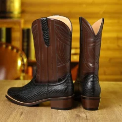 Sale OUKU Men's Western Cowboy Boots with Snakeskin Print and Intricate Faux Leather Design – Stylish and Durable Footwear for Rodeo and Country Events