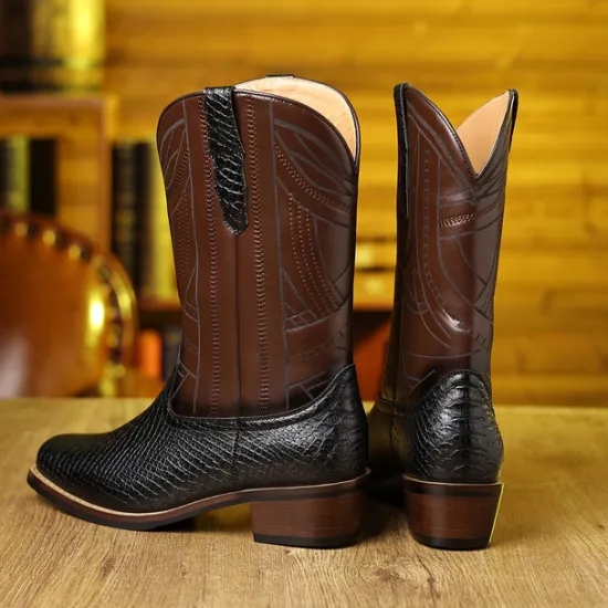 Sale OUKU Men's Western Cowboy Boots with Snakeskin Print and Intricate Faux Leather Design – Stylish and Durable Footwear for Rodeo and Country Events