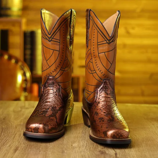 Sale OUKU Men's Western Cowboy Boots with Snakeskin Print and Intricate Faux Leather Design – Stylish and Durable Footwear for Rodeo and Country Events