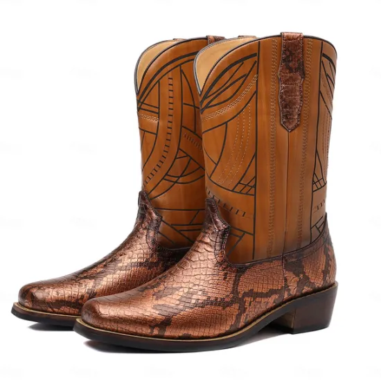Sale OUKU Men's Western Cowboy Boots with Snakeskin Print and Intricate Faux Leather Design – Stylish and Durable Footwear for Rodeo and Country Events