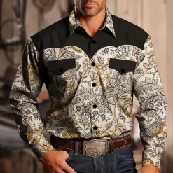 Online OUKU Men's Western Shirt Button Up Shirt Cowboy Shirt Long Sleeve Vintage Western Style Casual Daily Fall & Winter Turndown Buttons Print Black khaki