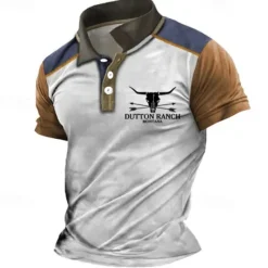 Discount OUKU Men's Western Wear Polo Shirts Golf Shirt Short Sleeve Polo Shirts Collared Shirts Vintage Casual Vacation Wear Party Outfits Buttons 3D Print White Blue Khaki