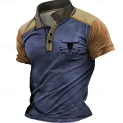 Discount OUKU Men's Western Wear Polo Shirts Golf Shirt Short Sleeve Polo Shirts Collared Shirts Vintage Casual Vacation Wear Party Outfits Buttons 3D Print White Blue Khaki
