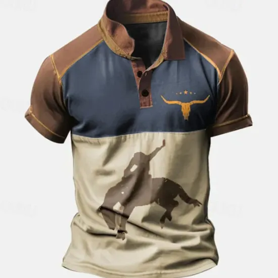 Outlet OUKU Men's Western Wear Polo Shirts Golf Shirt Short Sleeve Polo Shirts Collared Shirts Vintage Casual Vacation Wear Party Outfits Buttons 3D Print Blue Brown Green