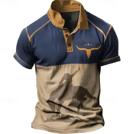 Outlet OUKU Men's Western Wear Polo Shirts Golf Shirt Short Sleeve Polo Shirts Collared Shirts Vintage Casual Vacation Wear Party Outfits Buttons 3D Print Blue Brown Green