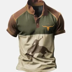 Outlet OUKU Men's Western Wear Polo Shirts Golf Shirt Short Sleeve Polo Shirts Collared Shirts Vintage Casual Vacation Wear Party Outfits Buttons 3D Print Blue Brown Green