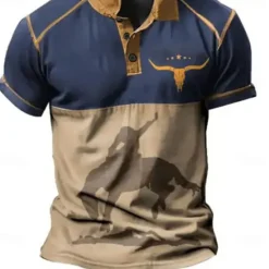 Outlet OUKU Men's Western Wear Polo Shirts Golf Shirt Short Sleeve Polo Shirts Collared Shirts Vintage Casual Vacation Wear Party Outfits Buttons 3D Print Blue Brown Green