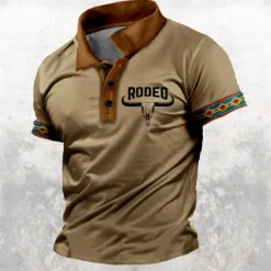 Clearance OUKU Men's Western Wear Polo Shirts Golf Shirt Short Sleeve Polo Shirts Collared Shirts Casual Vacation Wear Party Outfits Buttons 3D Print Spring & Summer Khaki
