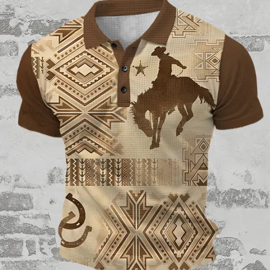New OUKU Men's Western Wear Waffle Polo Shirts Golf Shirt Short Sleeve Polo Shirts Collared Shirts Vintage Casual Vacation Wear Party Outfits Buttons 3D Print Summer Spring Blue Brown Gray