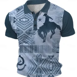 New OUKU Men's Western Wear Waffle Polo Shirts Golf Shirt Short Sleeve Polo Shirts Collared Shirts Vintage Casual Vacation Wear Party Outfits Buttons 3D Print Summer Spring Blue Brown Gray