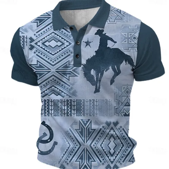New OUKU Men's Western Wear Waffle Polo Shirts Golf Shirt Short Sleeve Polo Shirts Collared Shirts Vintage Casual Vacation Wear Party Outfits Buttons 3D Print Summer Spring Blue Brown Gray