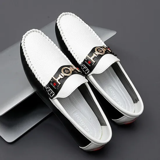 OUKU Men's White and Yellow Faux Leather Loafers with Gold Buckle – Stylish Casual Slip-On Shoes for Driving, Parties, and Daily Wear