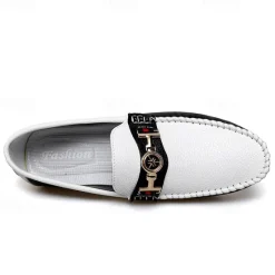 OUKU Men's White and Yellow Faux Leather Loafers with Gold Buckle – Stylish Casual Slip-On Shoes for Driving, Parties, and Daily Wear