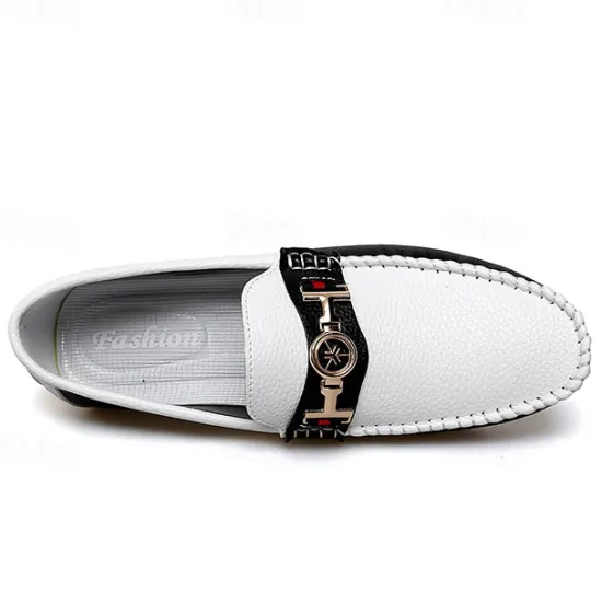 OUKU Men's White and Yellow Faux Leather Loafers with Gold Buckle – Stylish Casual Slip-On Shoes for Driving, Parties, and Daily Wear