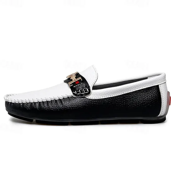 OUKU Men's White and Yellow Faux Leather Loafers with Gold Buckle – Stylish Casual Slip-On Shoes for Driving, Parties, and Daily Wear
