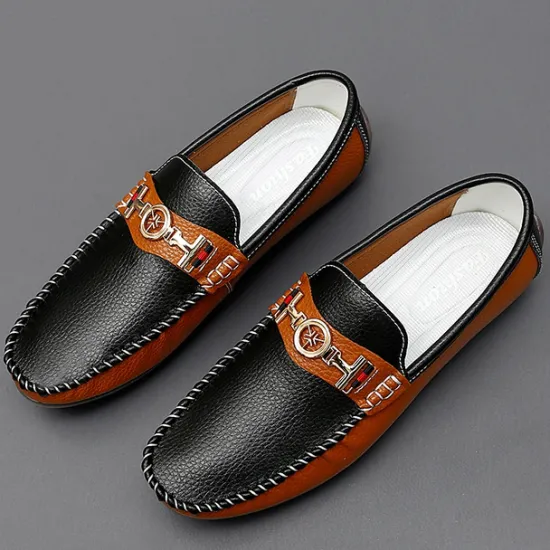 OUKU Men's White and Yellow Faux Leather Loafers with Gold Buckle – Stylish Casual Slip-On Shoes for Driving, Parties, and Daily Wear
