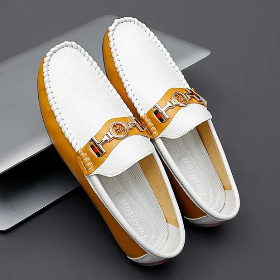 OUKU Men's White and Yellow Faux Leather Loafers with Gold Buckle – Stylish Casual Slip-On Shoes for Driving, Parties, and Daily Wear