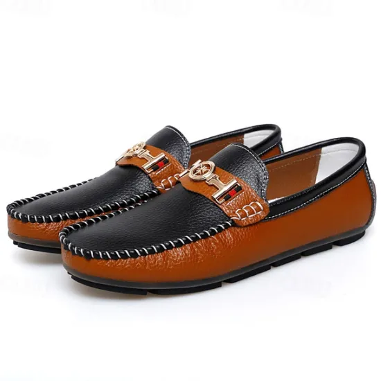 OUKU Men's White and Yellow Faux Leather Loafers with Gold Buckle – Stylish Casual Slip-On Shoes for Driving, Parties, and Daily Wear