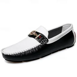 OUKU Men's White and Yellow Faux Leather Loafers with Gold Buckle – Stylish Casual Slip-On Shoes for Driving, Parties, and Daily Wear