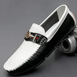 OUKU Men's White and Yellow Faux Leather Loafers with Gold Buckle – Stylish Casual Slip-On Shoes for Driving, Parties, and Daily Wear